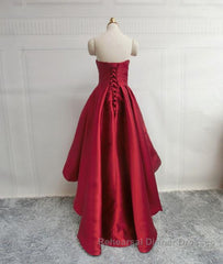 High Low Sweetheart Neck Strapless Backless Satin Red Semi Formal Prom Dresses, Red Graduation Dresses, Red Backless Formal Evening Dresses