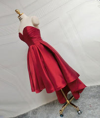High Low Sweetheart Neck Strapless Backless Satin Red Semi Formal Prom Dresses, Red Graduation Dresses, Red Backless Formal Evening Dresses