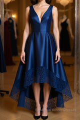 High Low V Neck Blue Satin Semi Formal Prom Dresses, Open Back Blue Formal Dresses, Blue Evening Dresses