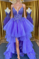 High Low V Neck Purple Lace Long Semi Formal Prom Dresses, Lilac Lace Formal Dresses, Purple Evening Dresses