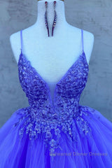 High Low V Neck Purple Lace Long Semi Formal Prom Dresses, Lilac Lace Formal Dresses, Purple Evening Dresses
