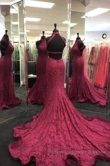 High Neck Backless Burgundy Lace long Semi Formal Prom Dresses, Long Burgundy Lace Formal Evening Dresses, Burgundy Ball Gown