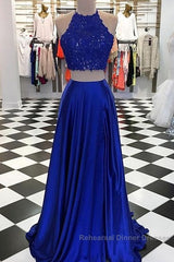 High Neck Blue Two Pieces Long Semi Formal Prom Dress