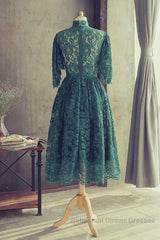 High Neck Half Sleeves Green Lace Semi Formal Prom Dresses, Green Lace Formal Graduation Homecoming Dresses