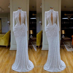High Neck Keyhole Long Sleeve Sequin White Semi Formal Prom Dress