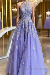 High Neck Long Purple Lace Semi Formal Prom Dresses, Purple Lace Formal Evening Dresses