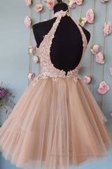 High Neck Open Back Short Champagne Lace Semi Formal Prom Dresses, Backless Champagne Lace Formal Graduation Dresses, Champagne Lace Homecoming Dresses