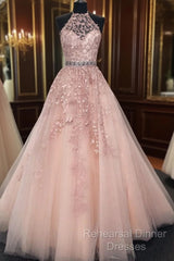 High Neck Pink Lace Semi Formal Prom Dresses, Pink Lace Formal Evening Graduation Dresses