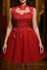 High Neck Red Lace Short Semi Formal Prom Dresses, Red Lace Homecoming Dresses, Red Formal Graduation Evening Dresses