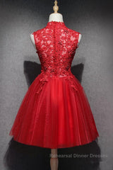 High Neck Red Lace Short Semi Formal Prom Dresses, Red Lace Homecoming Dresses, Red Formal Graduation Evening Dresses