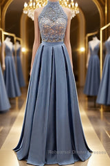 High Neck Two Pieces Blue Lace Long Semi Formal Prom Dresses, 2 Pieces Blue Lace Formal Dresses, Blue Evening Dresses