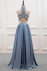 High Neck Two Pieces Blue Lace Long Semi Formal Prom Dresses, 2 Pieces Blue Lace Formal Dresses, Blue Evening Dresses