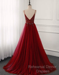 High Quality Burgundy Straps Beaded Long Party Dress, Long Junior Semi Formal Prom Dress