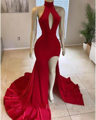 Hot Long  Red Semi Formal Prom Dress High Neck Satin Mermaid Evening Dress Uk Split