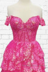 Hot Pink Lace Off Shoulder Tiered Semi Formal Prom Dress With Slit