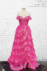 Hot Pink Lace Off Shoulder Tiered Semi Formal Prom Dress With Slit