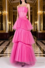 Hot Pink Long Tulle Semi Formal Prom Dresses, Hot Pink Long Tulle Formal Evening Dresses