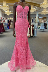 Hot Pink Mermaid Lace Semi Formal Prom Dresses, Hot Pink Mermaid Lace Formal Evening Dresses