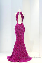 Hot Pink Sequins Long Semi Formal Prom Dress, Mermaid Backless Evening Dress