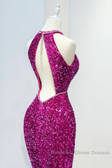 Hot Pink Sequins Long Semi Formal Prom Dress, Mermaid Backless Evening Dress
