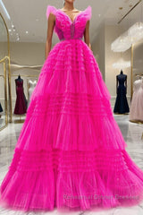 Hot Pink Tulle Long Semi Formal Prom Dresses, Hot Pink Long Formal Graduation Dresses