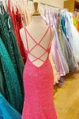 Hot Pink V Neck Sequins Long Semi Formal Prom Dresses Crossed Back Mermaid With Slit