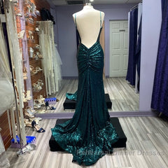 Hot Sequin Emerald Green Semi Formal Prom Dresses Backless Long Evening Dress