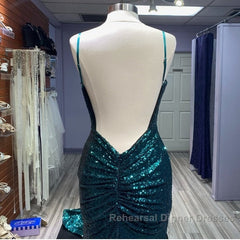 Hot Sequin Emerald Green Semi Formal Prom Dresses Backless Long Evening Dress