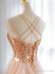 Hot Shiny A line Spaghetti Straps Sleeveless Sequin Tulle Long Prom Dresses