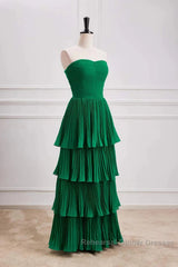 Hunter Green A-Line Chiffon Strapless Layers Long Semi Formal Prom Dress Formal Evening Dress