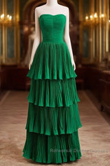 Hunter Green A-Line Chiffon Strapless Layers Long Semi Formal Prom Dress Formal Evening Dress
