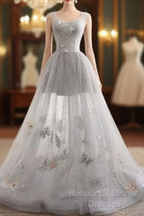 Illusion Tulle Short A-Line Gray Semi Formal Prom Dress,