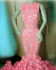 Iridescent Sequins Pink Rosette Mermaid Semi Formal Prom Dresses