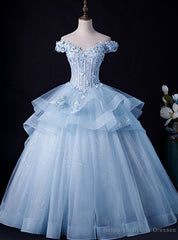 Is Now Available. Sky Blue Ball Gown Tulle Off the Shoulder Appliques Quinceanera Dress