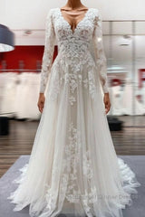 Ivory A-line Tulle Long Sleeves Lace Appliques Open Back Wedding Dress