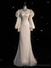 Ivory Satin Sequins Puff Sleeve Wedding Dress