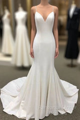 Ivory Satin Spaghetti Straps Open Back Sweet Train Wedding Dress, Formal Semi Formal Prom Dress