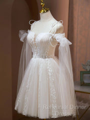 Ivory Tulle Knee Length With Lace Short Semi Formal Prom Dress, Cute Ivory Party Dresses