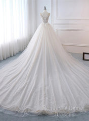 Ivory Tulle With Lace Long Wedding Party Dress With Sweep Train, Ivory Formal Dress