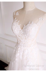Ivory Tulle With Lace Round Neckline Long Wedding Party Dress, Ivory Tulle Semi Formal Prom Dress
