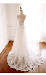 Ivory Tulle With Lace Round Neckline Long Wedding Party Dress, Ivory Tulle Semi Formal Prom Dress