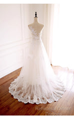 Ivory Tulle With Lace Round Neckline Long Wedding Party Dress, Ivory Tulle Semi Formal Prom Dress