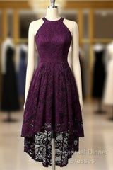 Lace Asymmetrical Halter Grape Lace Homecoming Dress