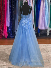 Lace Blue Semi Formal Prom Dresses V Neck Long Formal Dresses Open Back