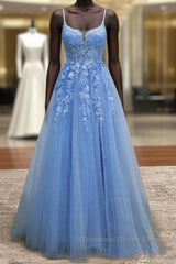 Lace Blue Semi Formal Prom Dresses V Neck Long Formal Dresses Open Back