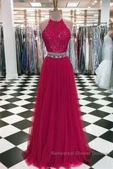 Lace Crop Top Tulle Semi Formal Prom Dresses Two Piece Evening Gowns Beaded Sashes