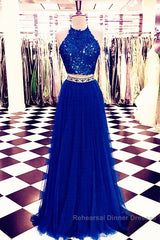 Lace Crop Top Tulle Semi Formal Prom Dresses Two Piece Evening Gowns Beaded Sashes