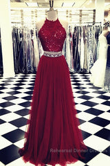 Lace Crop Top Tulle Semi Formal Prom Dresses Two Piece Evening Gowns Beaded Sashes