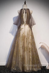 Lace Long Appliques Champagne Tulle Semi Formal Prom Dress