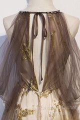 Lace Long Appliques Champagne Tulle Semi Formal Prom Dress